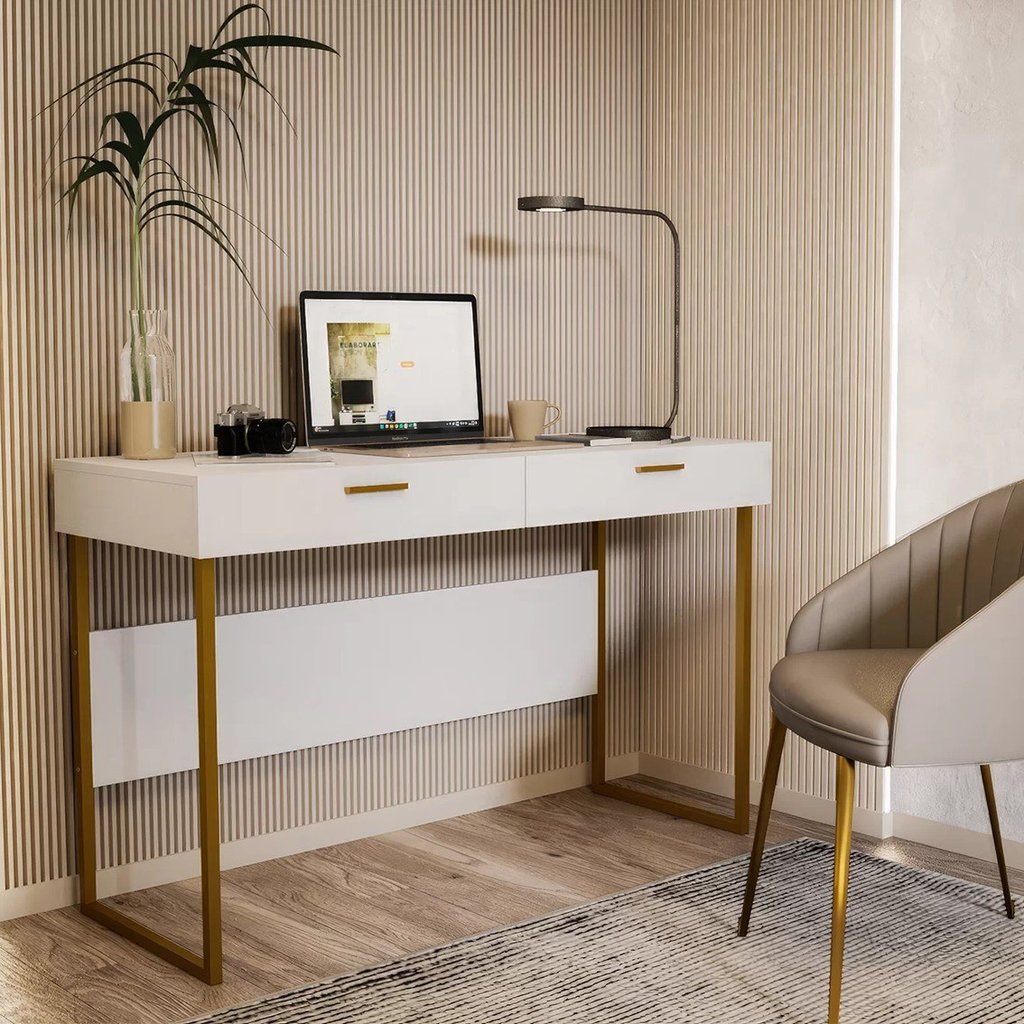 Escrivaninha Mesa Escritório 120cm 2 Gavetas Pés em Aço Olympia em Oferta na Shopee