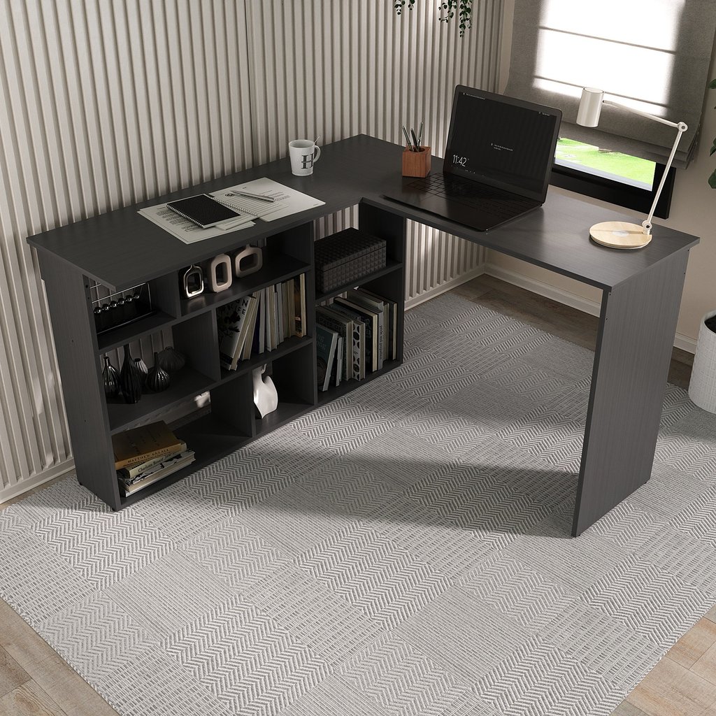 Escrivaninha Mesa Escritório 115,5x120cm em L 8 Nichos Montecello Yescasa Grafite em Oferta na Shopee