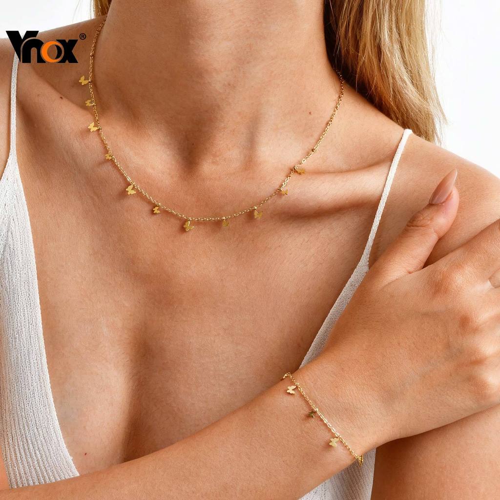 Vnox Ouro Aço Inoxidável Borboleta Arco Acessórios Pulseira Colar Conjunto De Duas Peças Feminino Meninas À Prova Dwater em Oferta na Shopee