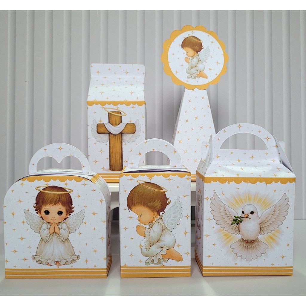 20 Caixinhas Batizado Anjinho Dourado Pegue Monte Pronta Entrega Lembrancinha Chá de Bebê Não Personalizados