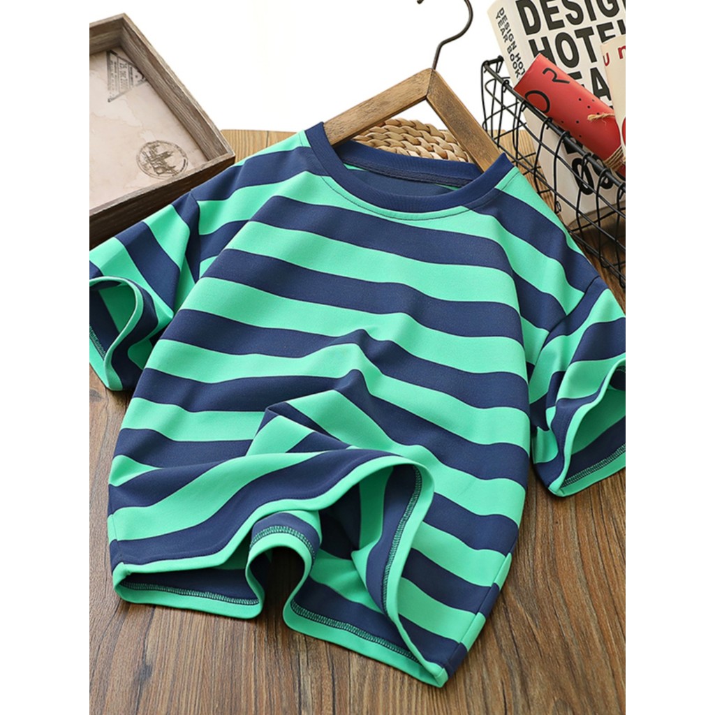 Meninos camiseta de manga curta verão puro algodão refrescante listrado roupas infantis 2024 crianças redonda respirável