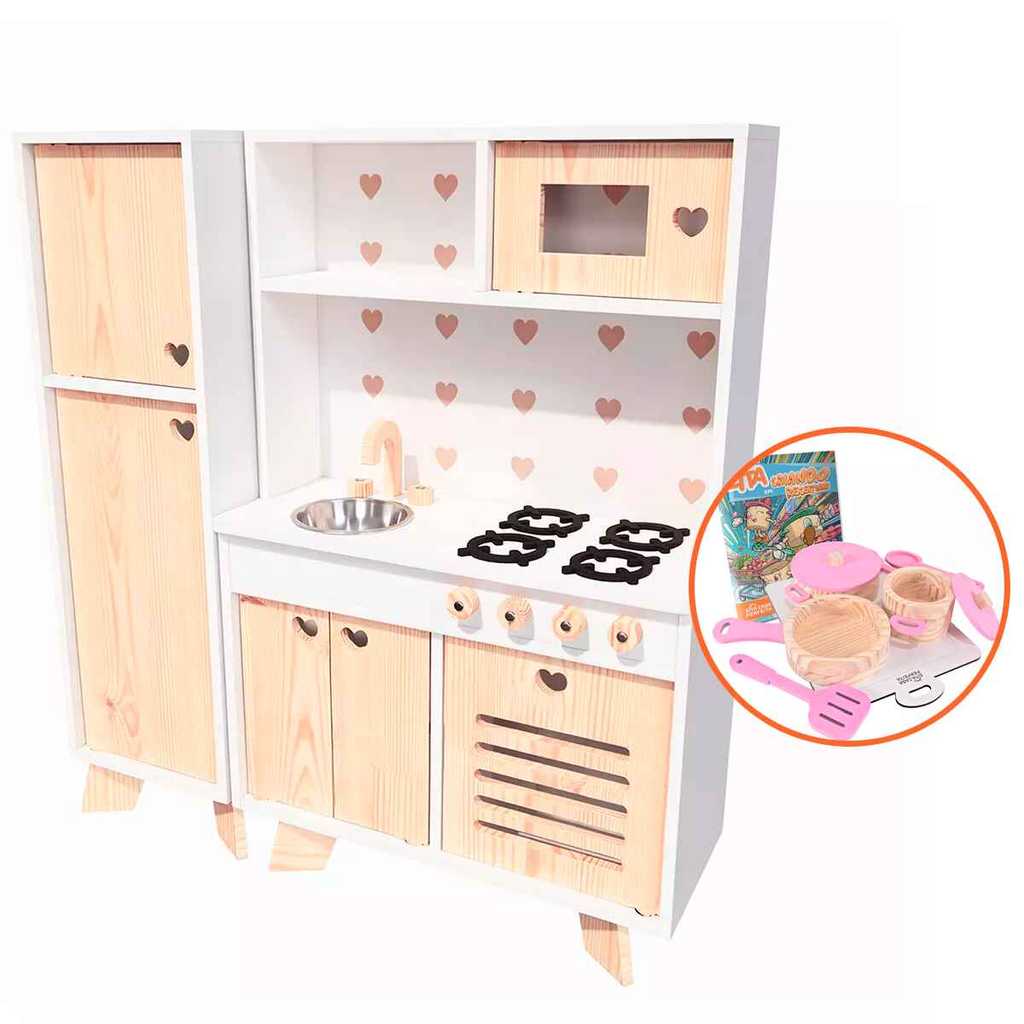 Cozinha Infantil Com Geladeira Petit e Panelinha Pinus Kit Livro Educativo