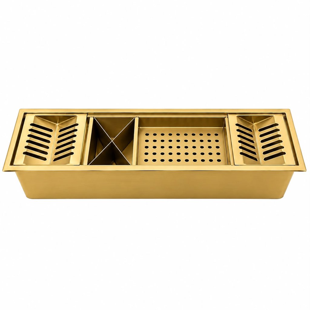 Canal Organizador Úmido Calha de Cozinha em Dourado Aço Inox 78CM com 4 Módulos