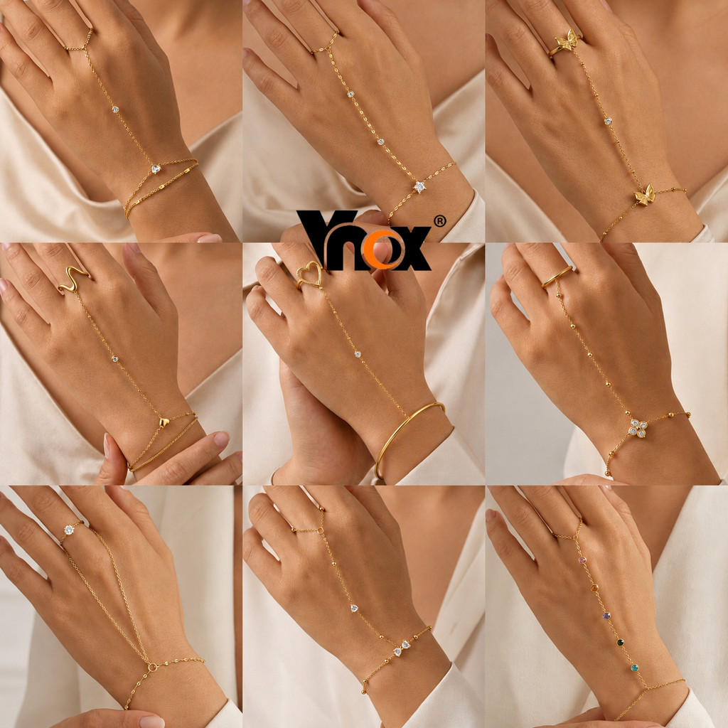 Conjunto De Pulseira De Anel Aberto De Zircônia De Aço Inoxidável Vnox Coleção De Joias De Ouro 18K , Presente Hipoalerg