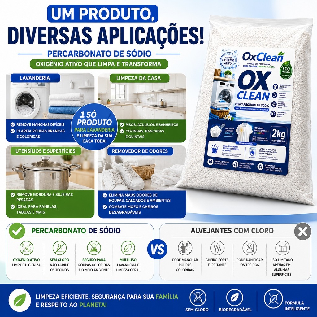 Percarbonato 100% Puro para limpeza em geral, clareador de roupas Premium Original — imagem 2 de 2