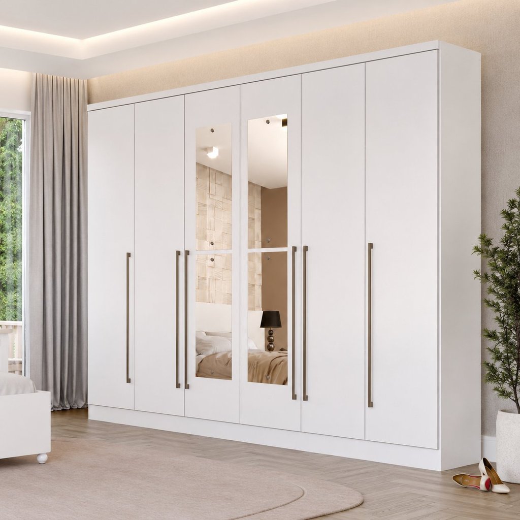 Guarda-Roupa Casal com Espelho 6 Portas 8 Gavetas 270cm Sevilla Neve