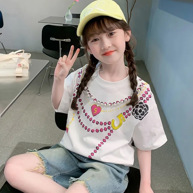 Meninas de manga curta camiseta verão novo estilo médio grande crianças soltas versão coreana moda impressa Casual roupa