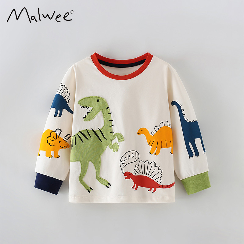 Malwee meninos camiseta de manga comprida outono novo estilo crianças dos desenhos animados dinossauro remendo menino bo