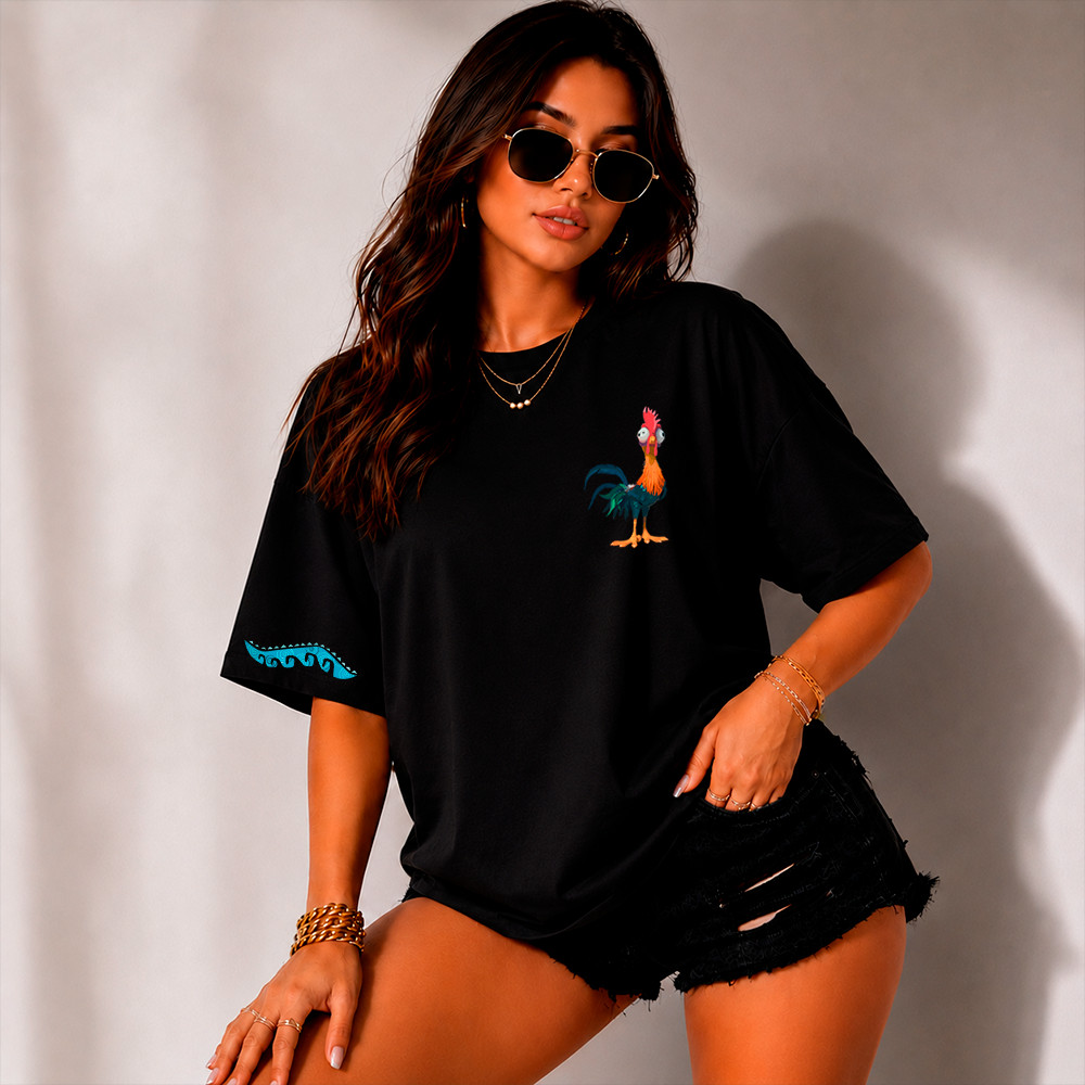 Camisa Hei Hei Moana Personagem Galo Estampa No Peito Confortável 100% Algodão Envio Rápido
