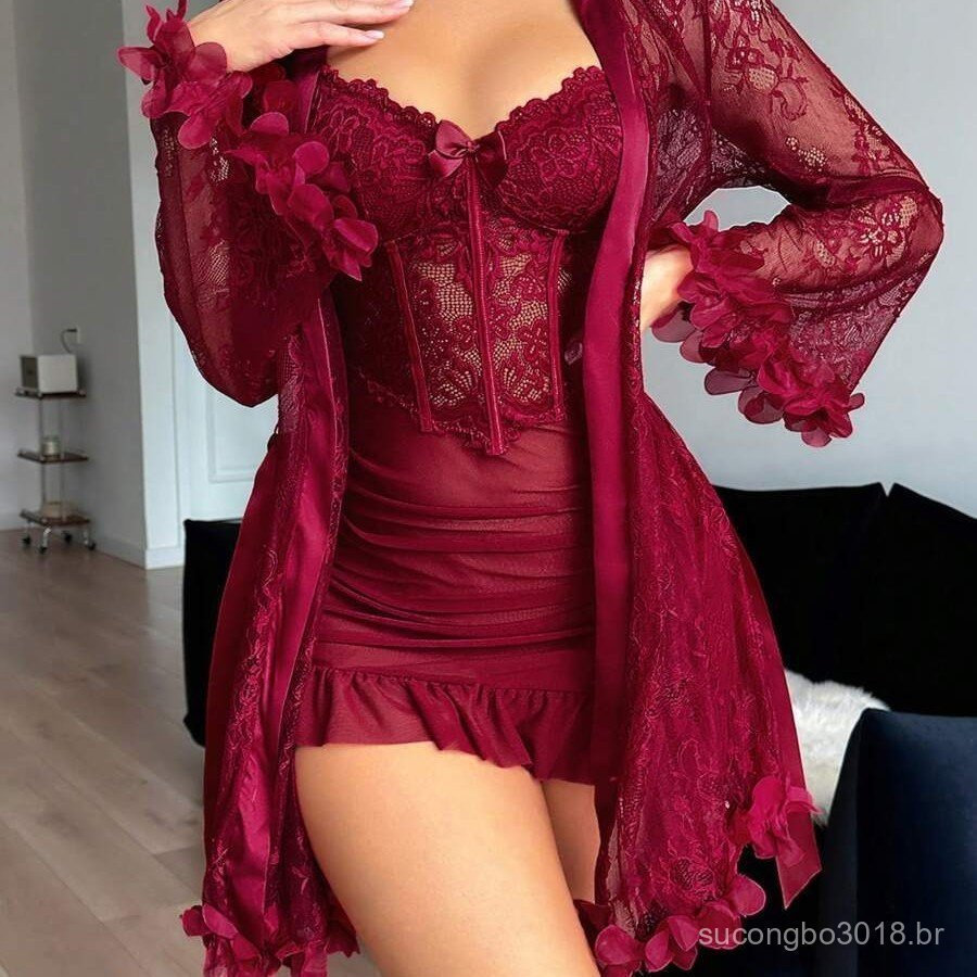 Conjunto de 2 Peças de Camisola e Roupão de Cetim com Renda e Gaze, Elegante e Sexy para Mulheres IEBB