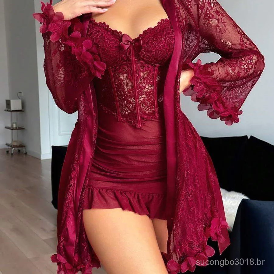 Conjunto de 2 Peças de Camisola e Roupão de Cetim com Renda e Gaze, Elegante e Sexy para Mulheres IEBB