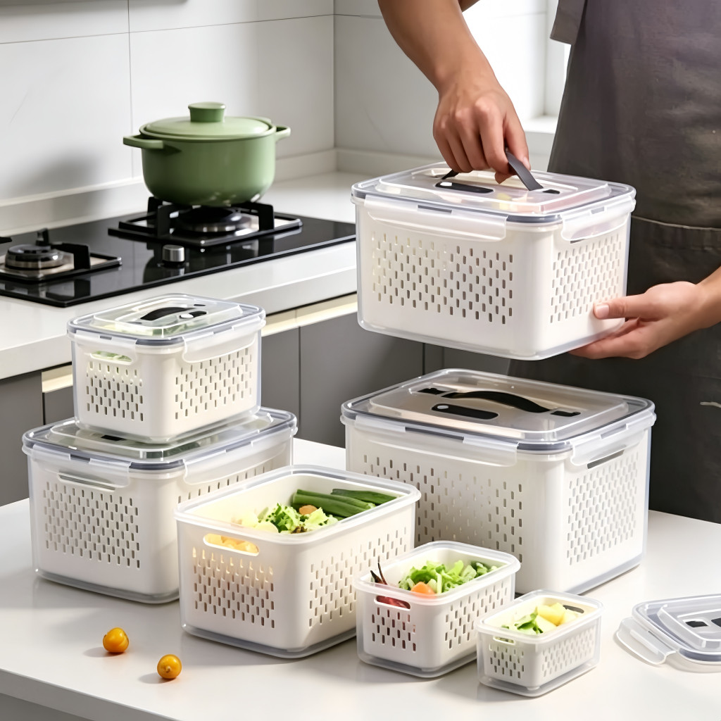 Kit 4 Potes Organizadores Geladeira com Escorredor Para Alimentos Vegetais Cozinha Moderna