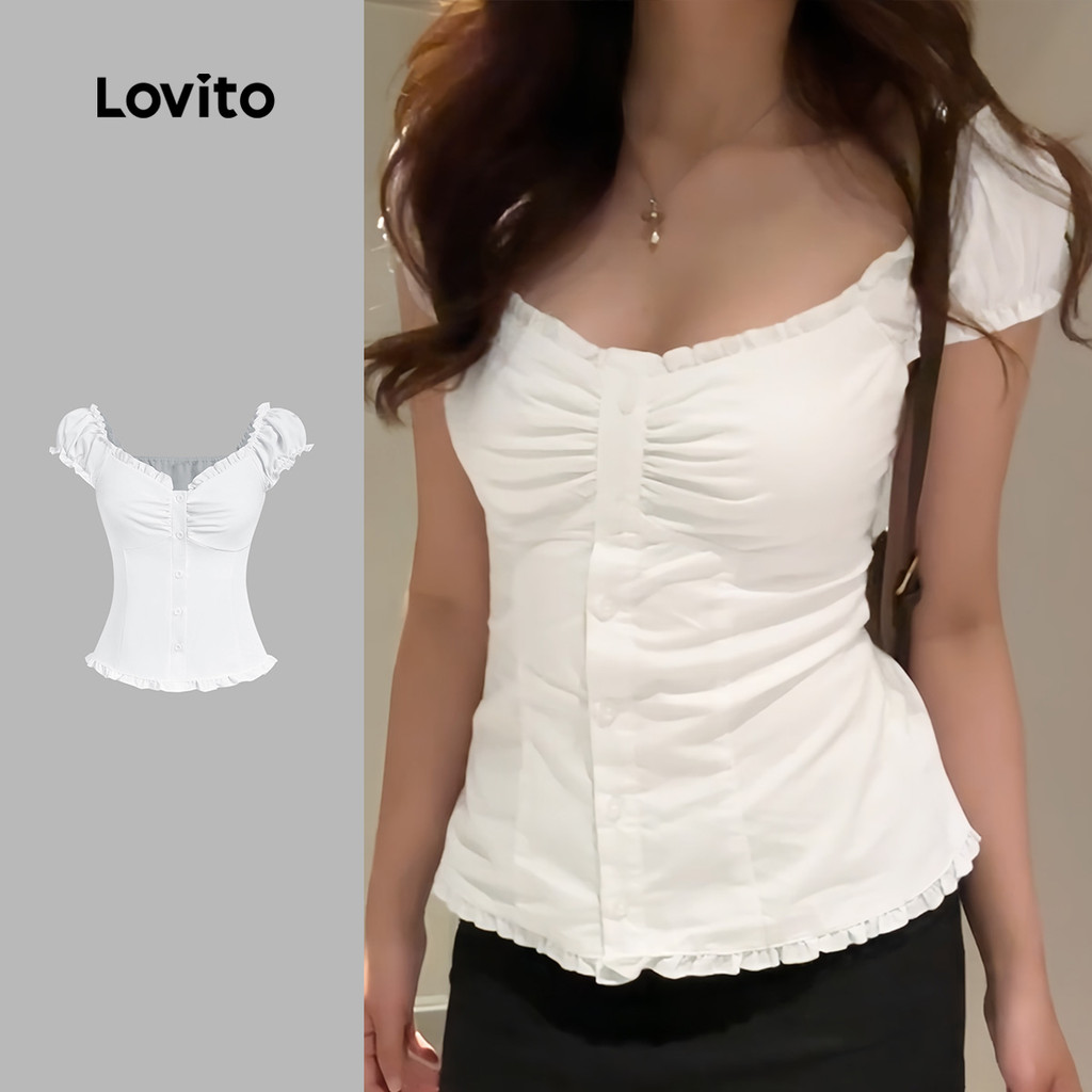 Lovito Casual Blusa Fofa com Acabamento de Alface de Primavera/verão Branca para mulheres L143AD190
