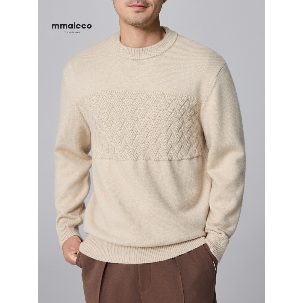 Momaike Suéter masculino com textura Jacquard, gola redonda, pulôver masculino de inverno 2024, suéter Base Casual