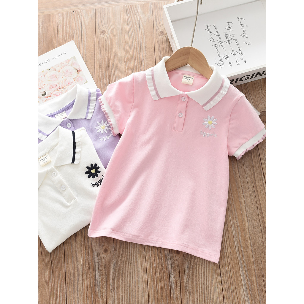 Estilo ocidental roupas infantis 2026 verão novo estilo crianças meninas puro algodão lapela manga curta camiseta bebê m
