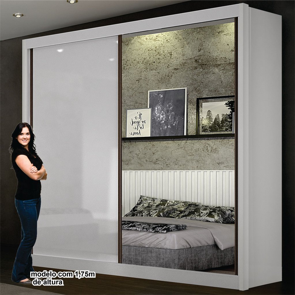 Guarda Roupa Casal São Paulo 2 Portas 1 com Espelho 3 Gavetas 100% MDF Branco Sim