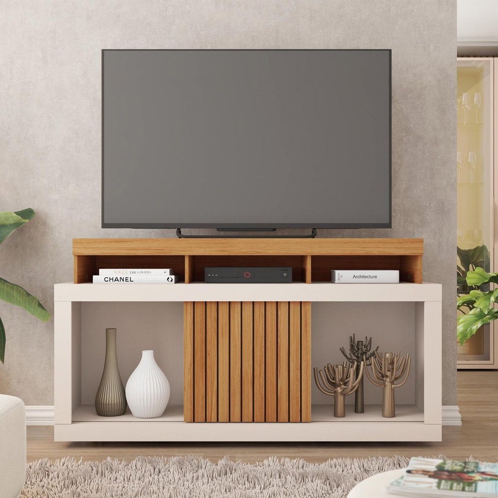 Rack para TV até 55 Polegadas MDF 136,2cm Frisos Decorativos Valença Bege Freijó/Off White