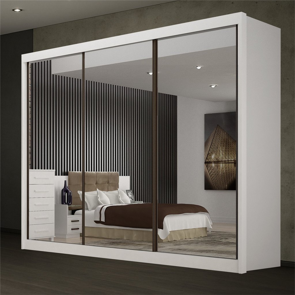 Guarda Roupa Casal 3 Portas de Correr 6 Gavetas com Espelho 100% MDF São Paulo Gold 03 Espelhos com Tamanhos Iguais