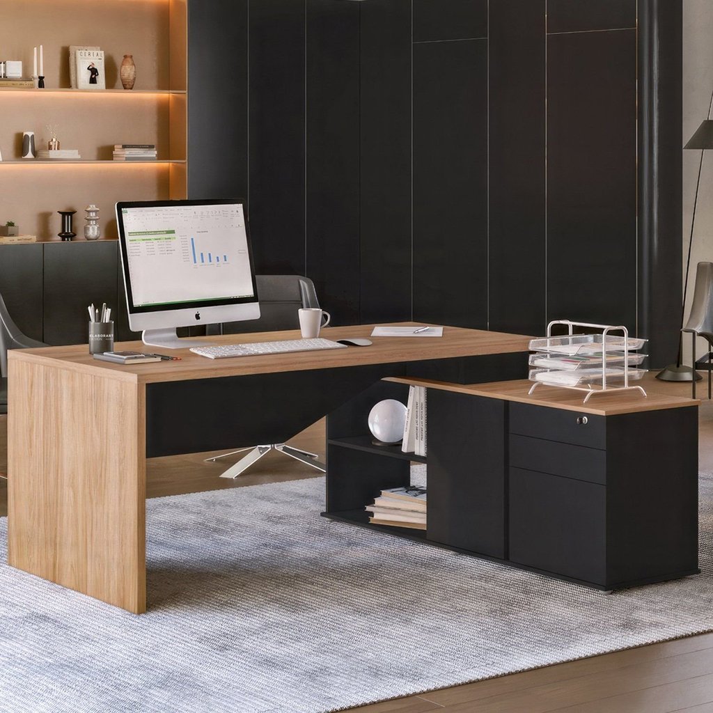 Escrivaninha Mesa Escritório Diretor em L Spring 3 Gavetas 1 Porta 180cm Yescasa Preto e Itapuã Marr Preto/Itapuã