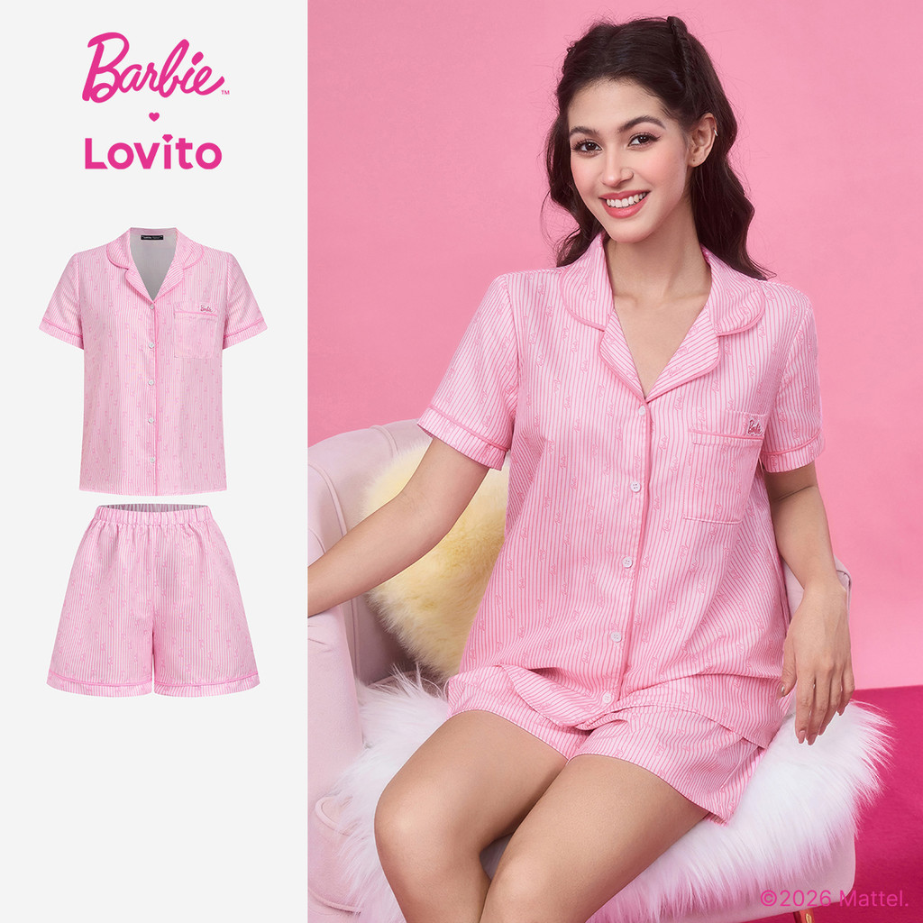 BarbieTM X Lovito Listrado Casual Conjunto De Pijama Estampa Floral Tons De Rosa Primavera/verão Mulheres LB1AD028