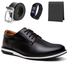 Kit Sapato Social Oxford Masculino Elegante de Couro Macio Confortável + Cinto Carteira e Relogio