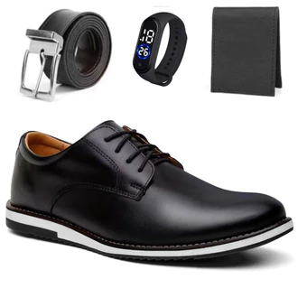 Kit Sapato Social Oxford Masculino Elegante de Couro Macio Confortável + Cinto Carteira e Relogio