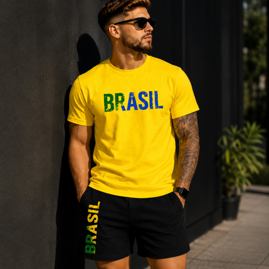 Kit Conjunto Torcedor Brasil Masculino Camiseta Estampada e Bermuda Tactel Casual Academia Praia