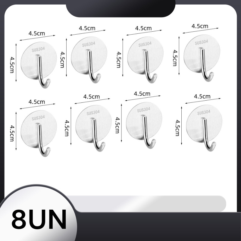 Ganchos Adesivos Inox 304 Escovado Kit 8/5/3/1 Unidades Quadrado