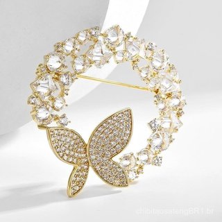Broche de Borboleta Grande em Ouro 14K com Cristais, Design Circular Adornado com Pérola Natural, Alfinete Luxuoso e Ele
