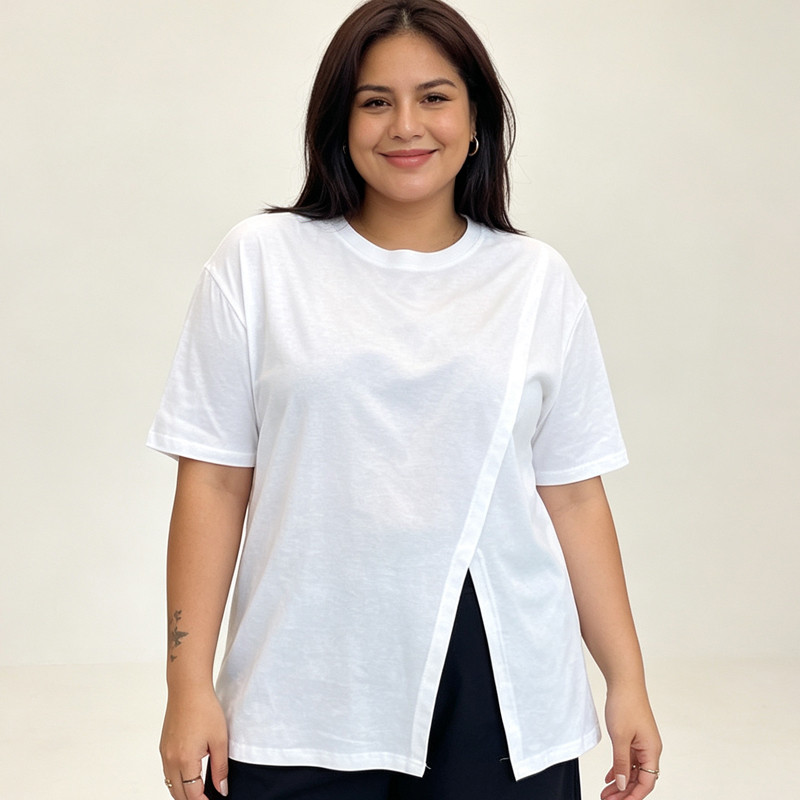 [Roupas femininas Plus Size] Camiseta Casual solta 150kg pode usar roupas femininas Fat mm Split Camiseta de manga curta
