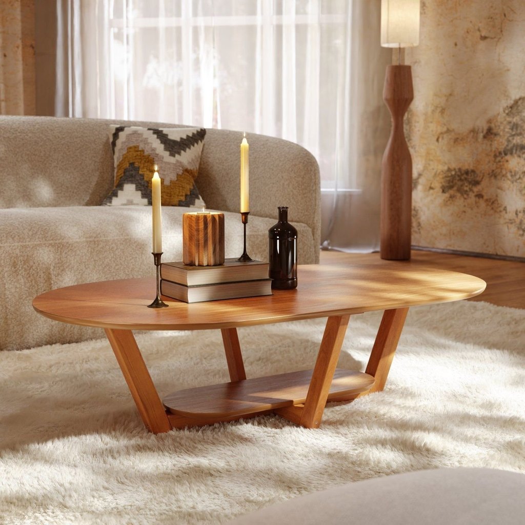 Mesa de Centro Oval para Sala de Estar Elegance Nature Marrom Nature