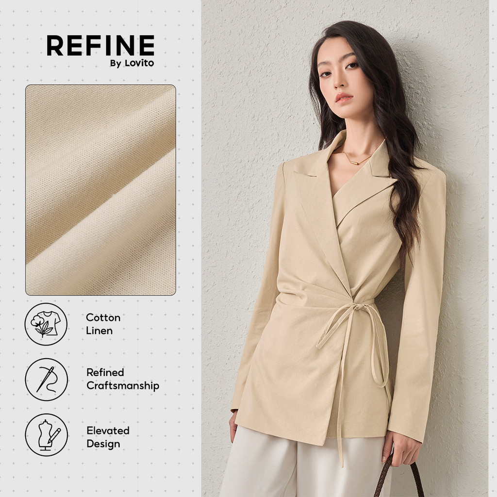 (New Arrival) (Refine by Lovito) Blazer Social AlgodãoLinho Cruz Assimétrico Cáqui Feminino BZR42P1D032