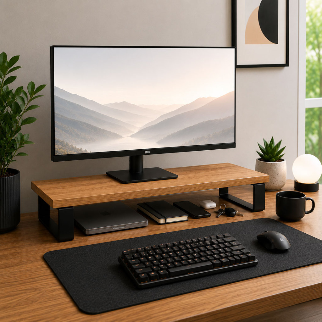 Suporte para Monitor Stand 60x22cm MDF Freijó Base Elevada Setup Gamer Escritório Home Office Mesa Organização Premium