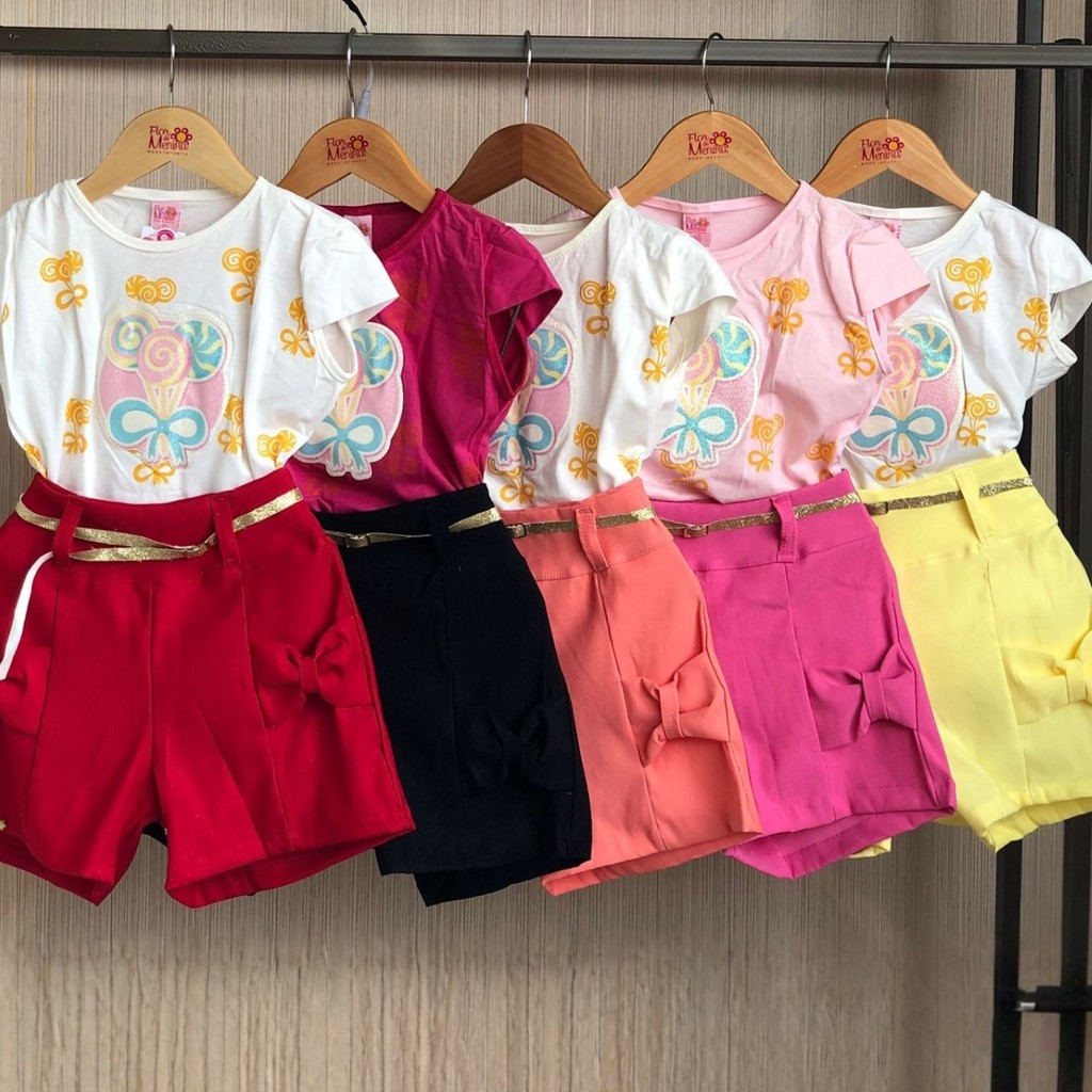 Conjunto Infantil Menina Do Tamanho 1 Ao 8 Anos Pirulito Camiseta E Shorts