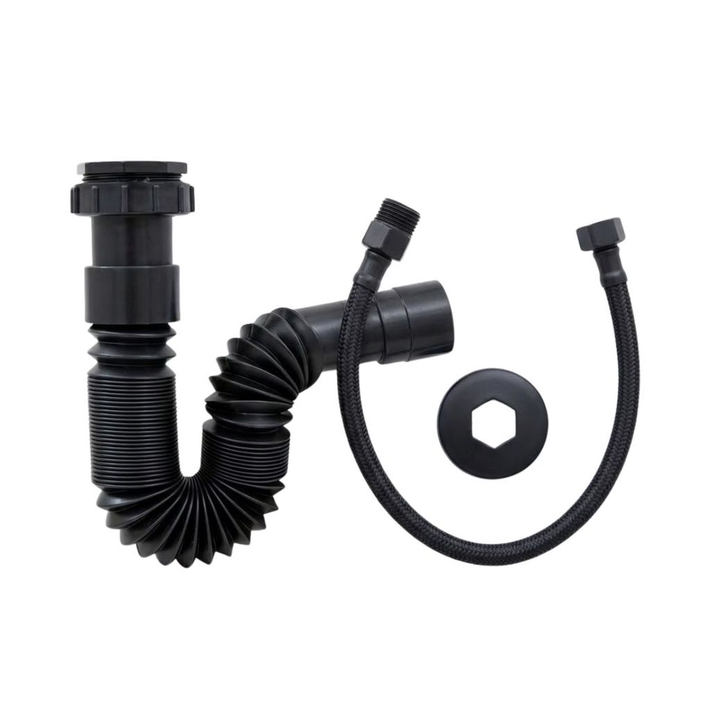 Kit Sifão Sanfonado Universal Preto E Engate Flexível Black 40cm Para Pia Cuba Lavatório Banheiro