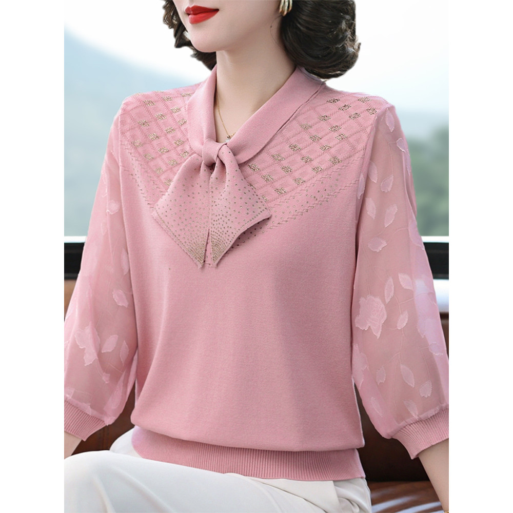 Estilo ocidental mãe primavera novo estilo gaze manga camiseta mulheres idosas de meia-idade primavera outono moda camis