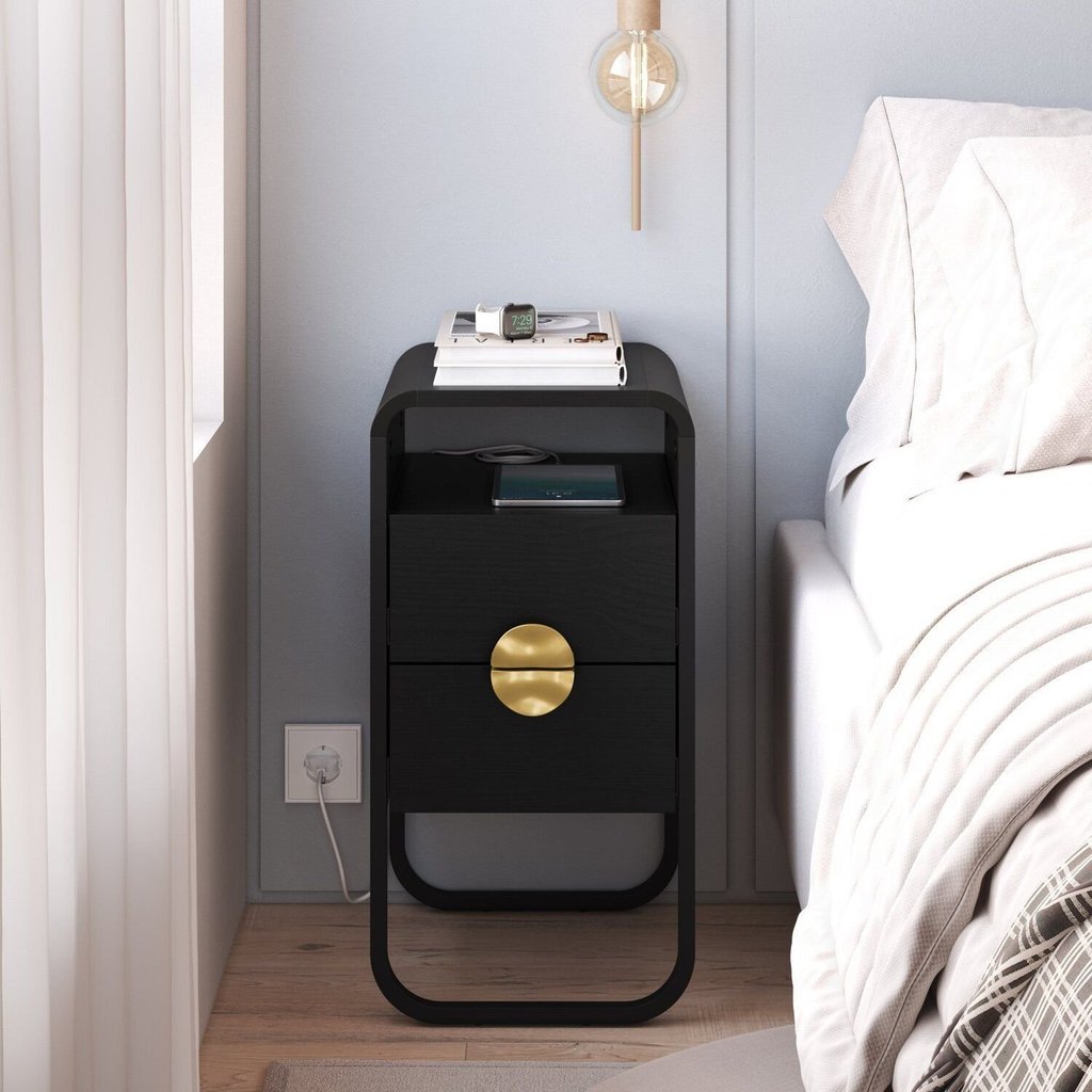 Mesa de Cabeceira 30cm 2 Gavetas Organica Pé Metal Luna Preto Preto