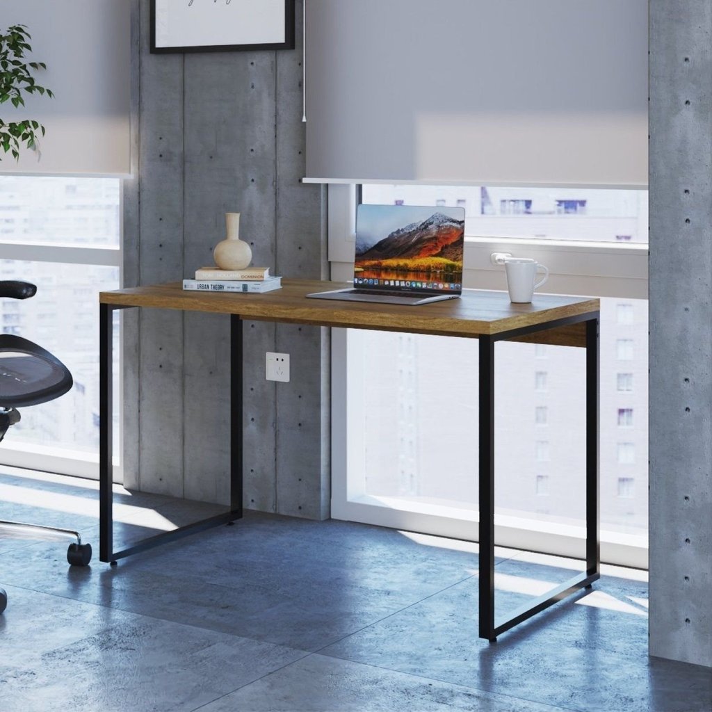 Escrivaninha Mesa Escritório Office Estilo Kuadra 120cm Industrial Lâmina Mel Marrom Lâmina Mel