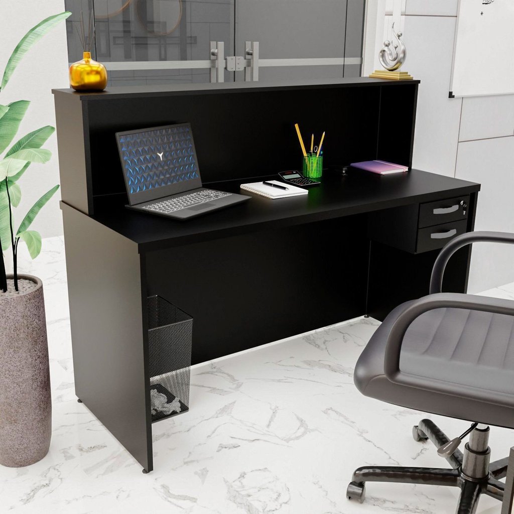 Balcão Atendimento Recepção Consultório 140x60cm 2 Gavetas Preto Preto