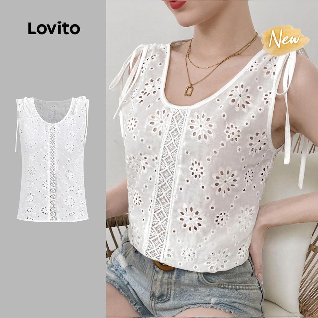 (New Arrival) Lovito Top Feminino Branco com Bordado e Amarração L199ED137