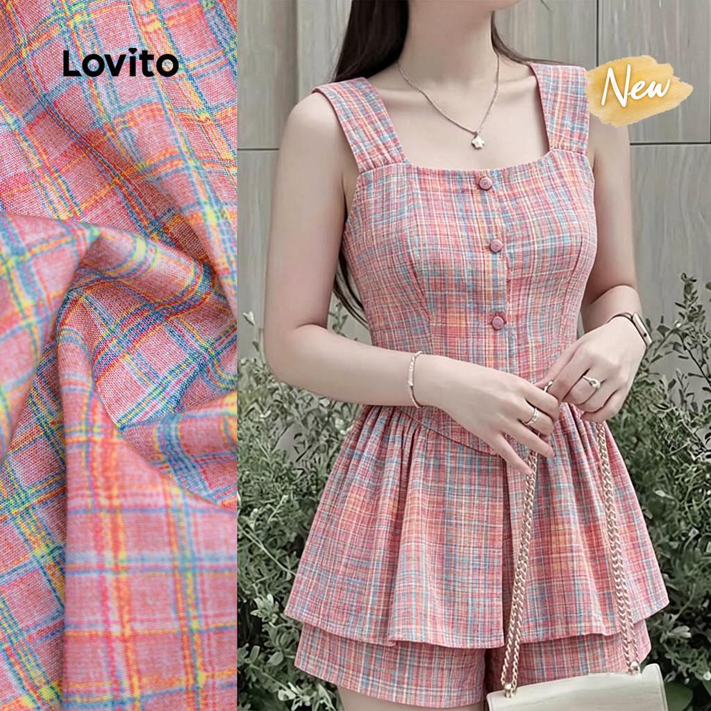 (New Arrival) Lovito Conjunto Casual de Shorts com Estampa Geométrica Plissada Shorts Rosa para Mulheres L198ED584