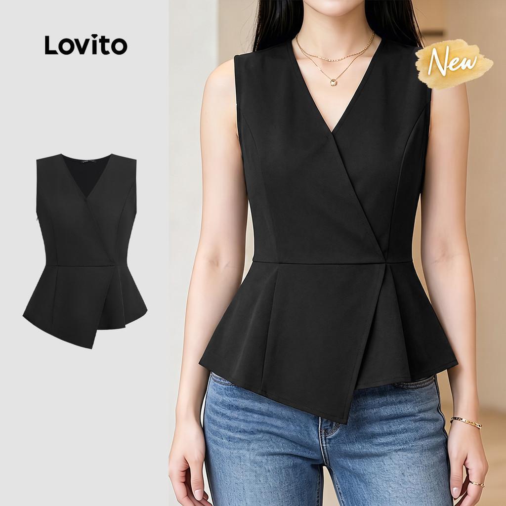 (New Arrival) Lovito Top Feminino Preto Elegante Assimétrico de primavera/verão