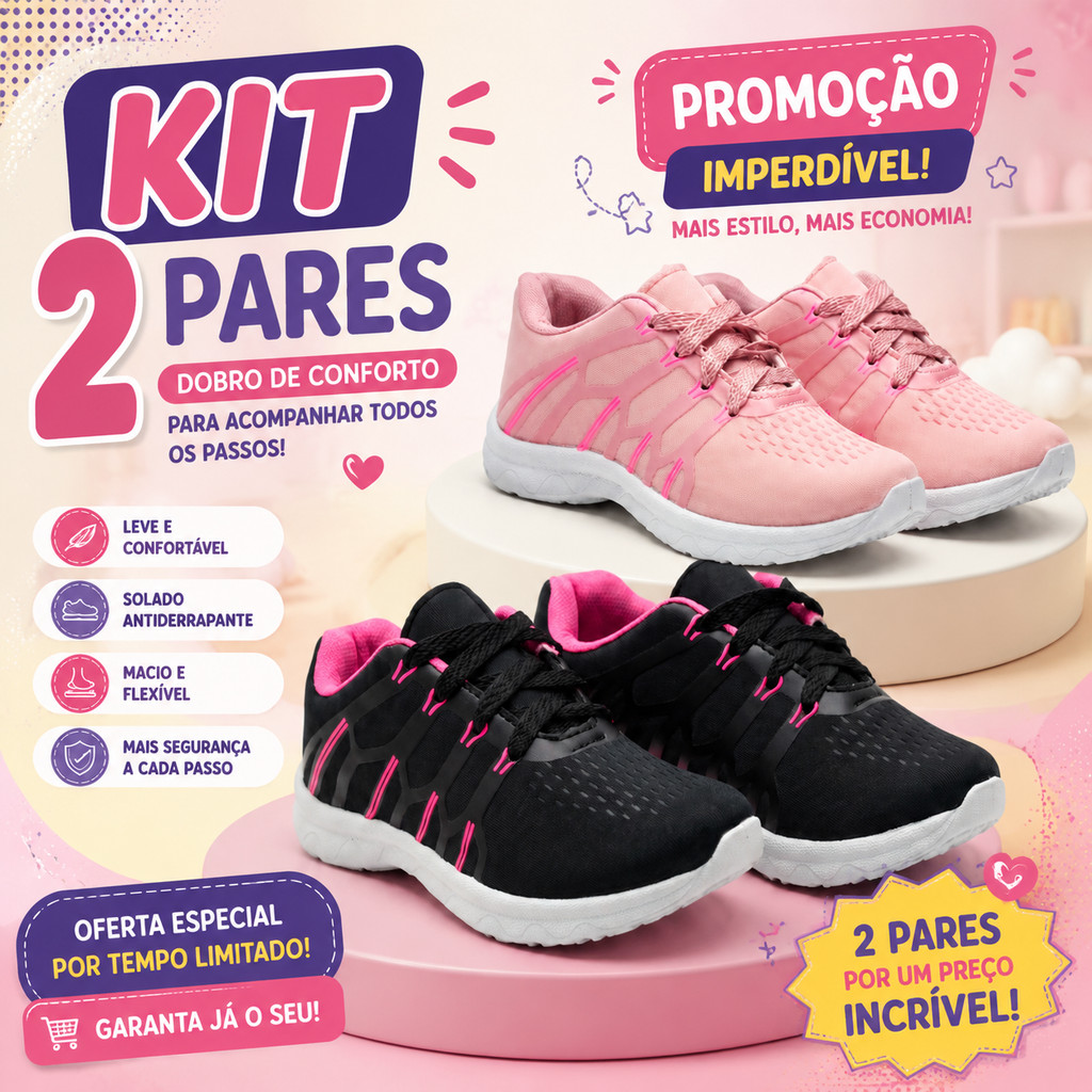Kit 2 Pares Tênis Infantil Feminino Leve Moderno E Confortável Para Crianças
