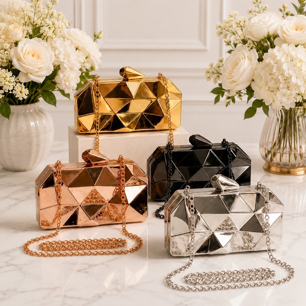 Bolsa Clutch Feminina Luxo Metalizada Geométrica Espelhada Festa Casamento Formatura  Eventos com Alça Corrente
