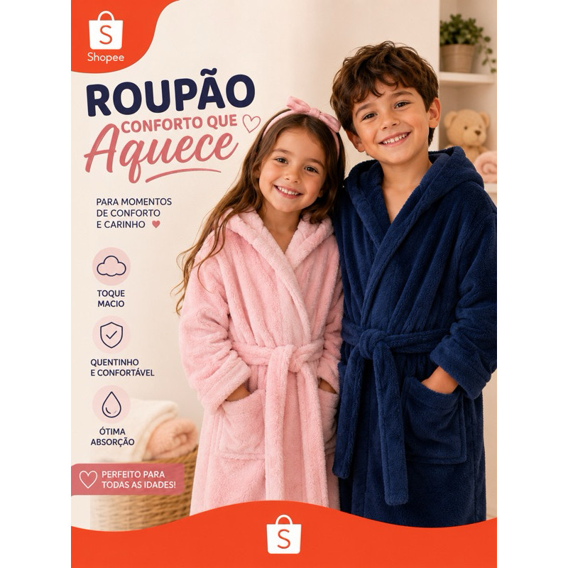 Roupão Infantil Microfibra Soft Com Capuz Menino Menina Super Macio Quentinho Inverno