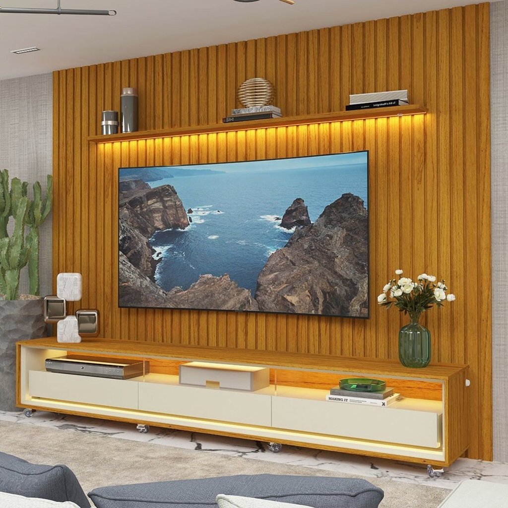 Rack com Painel Ripado para TV até 90 Polegadas com LED 100% MDF 260CMX250CM 3 Gavetas com Rodízios Nobre Requinte