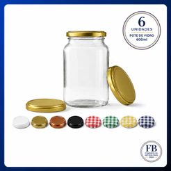 Kit 6 Potes de Vidro Conserva 600ml Tampas Lacres para Palmito Pepino e Doces Conservas