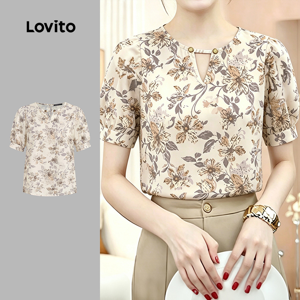(New Arrival) Lovito Blusa Elegante com Flores Casual Simples Primavera/verão Cá