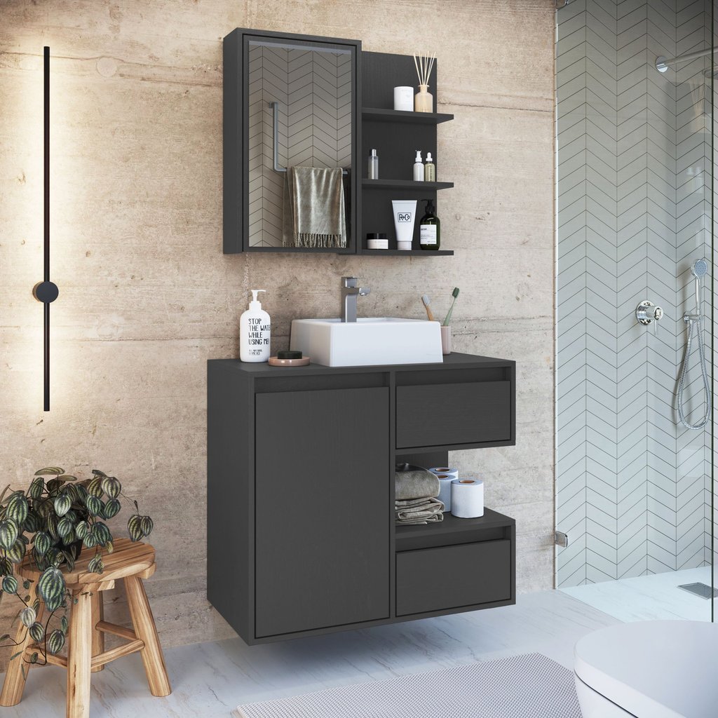 Gabinete de Banheiro 80cm Paula com Espelheira 01 Porta e Cuba Branca Preto/Grafite Branco