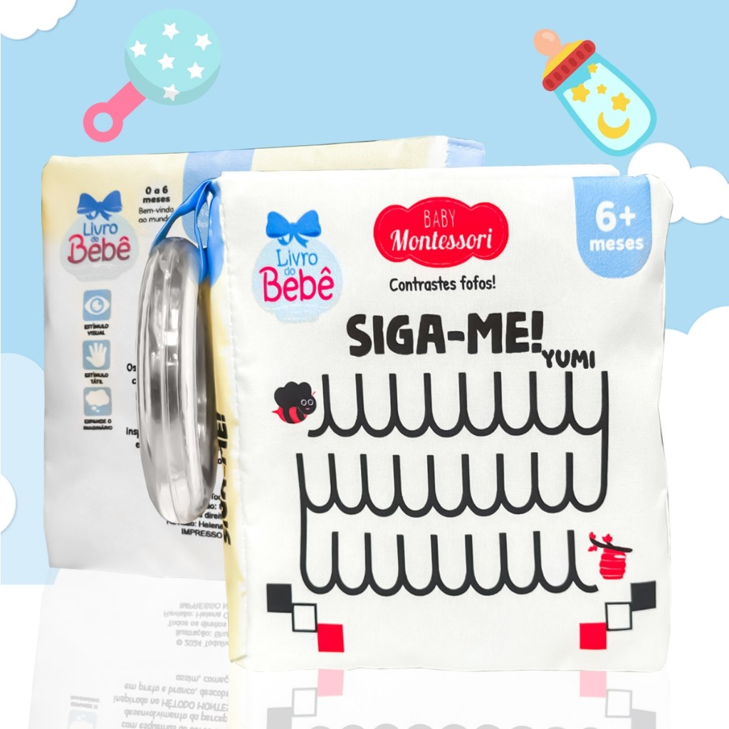 Livro De Pano Macio Para Bebês Alto Contraste Siga-me Fofos Preto E Branco Sensorial Bebê + Chocalho